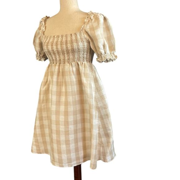 House of Harlow 1960 Beige White Gingham Check Linen Smocked Mini Dress Medium - Picture 3 of 7